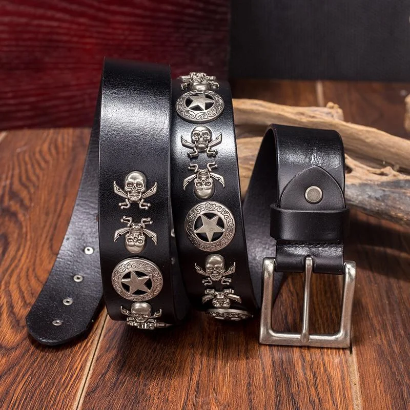 School Jeans for Uniform -Denim jeans for layering outfits-Unisex Skull Rivet Studded Decor Genuine Leather Jeans Belt with Pin Buckle