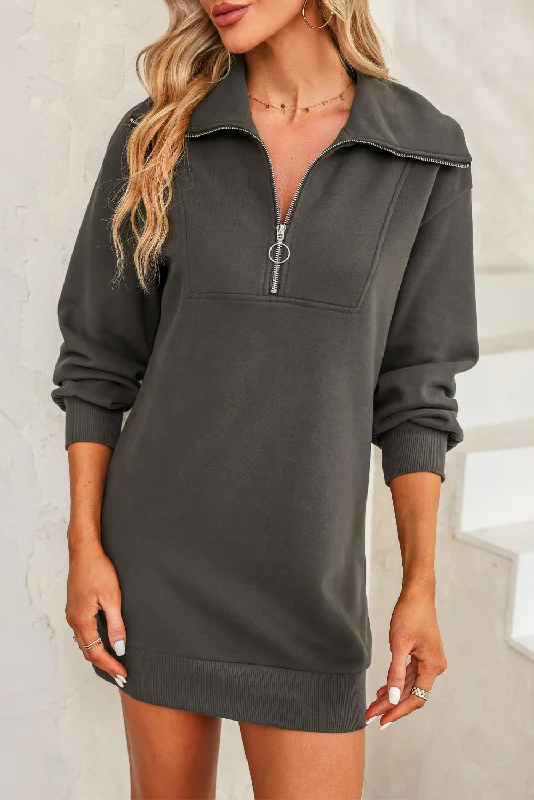 Plus size dresses with lightweight knits feel breezy -Dress for Thanksgiving-Half Zip Dropped Shoulder Mini Sweatshirt Dress