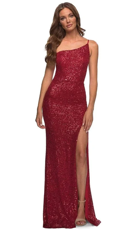 Plus size dresses with midi lengths balance well -Dress for red carpet-La Femme - 30391 Sequined Asymmetrical Gown with Slit