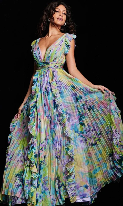 Elegant plus size dresses for weddings fit beautifully -Dress with asymmetrical hem-Jovani 34412 - Floral Print Flutter Long Dress