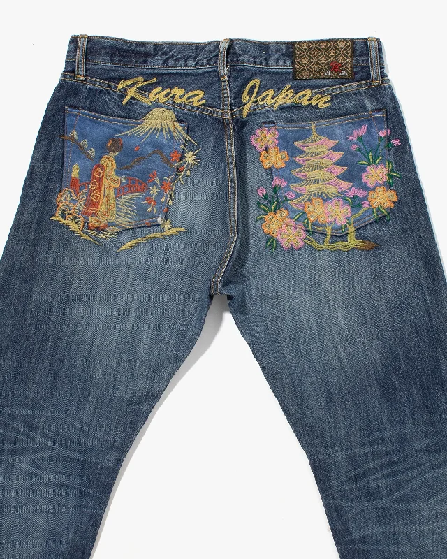 White Jeans for Fresh Look -Denim jeans with embroidery-Japanese Repro Denim Jeans, Eternal, Woman and Temple Embroidery, Satin Pockets - 33