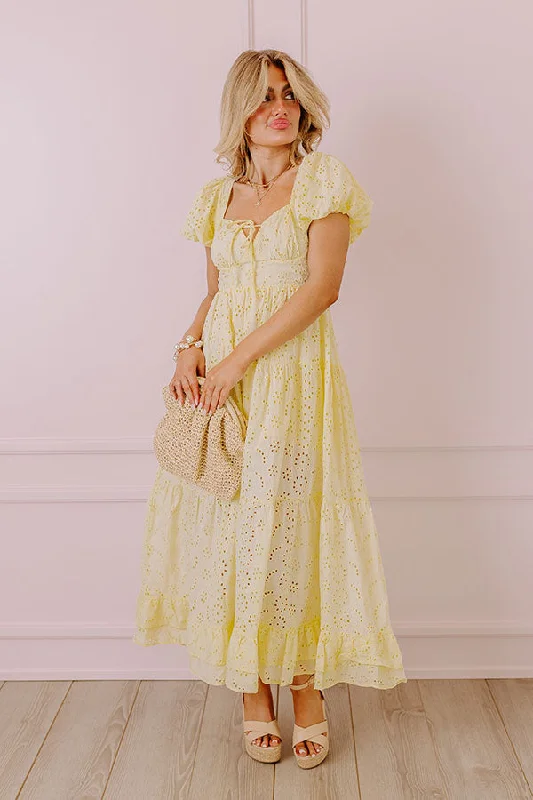 Plus size dresses with stretchy knits hug curves -Dress with embroidery-Oh So Sweet Eyelet Maxi Dress in Yellow