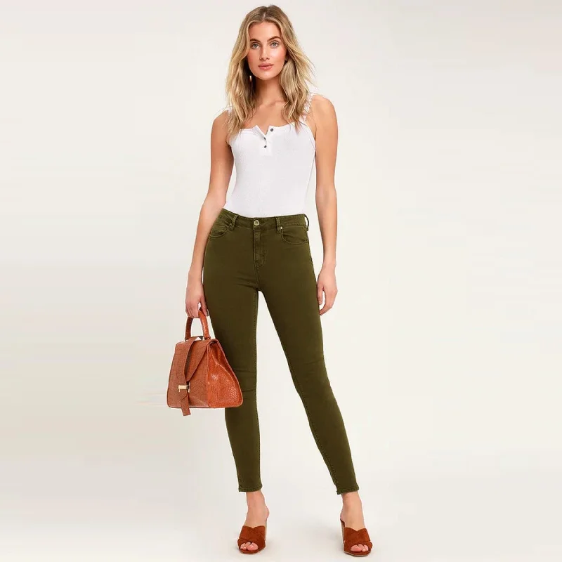 Jean Skirts for Feminine -Denim jeans with boyfriend style-Women olive 'super skinny' stretch jeans (LE-2119)