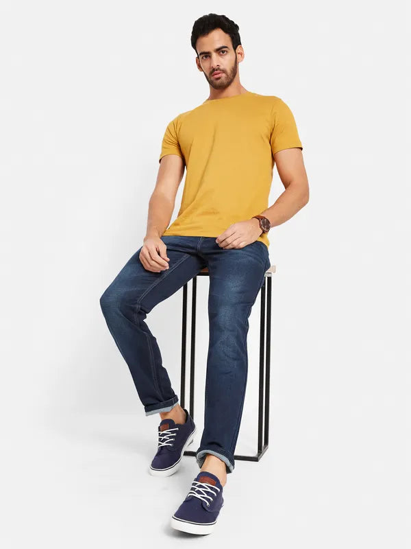 Wide Leg Jeans for Comfort -Denim jeans for office-Octave Men Straight Fit Mid-Rise Heavy Fade Cotton Jeans