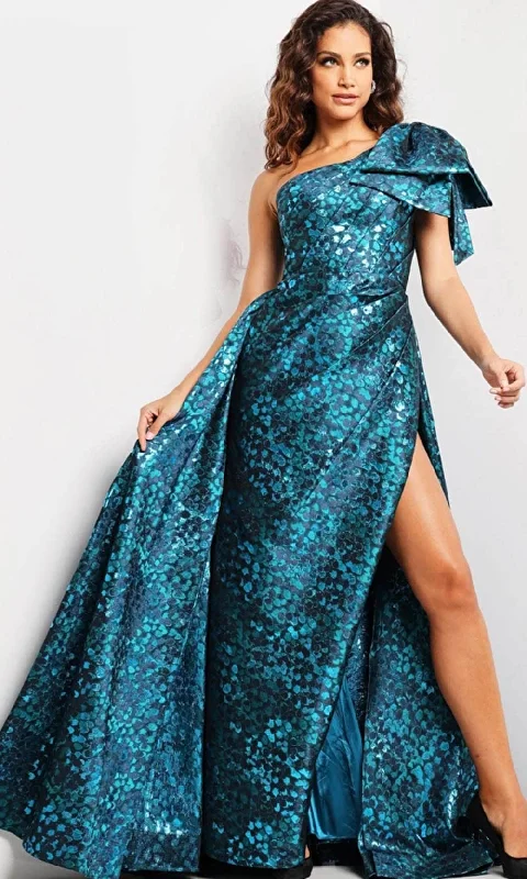 Plus size dresses for stylish looks stay cool -Dress with puff sleeves-Jovani 26254 - Bow Accent Print Evening Dress