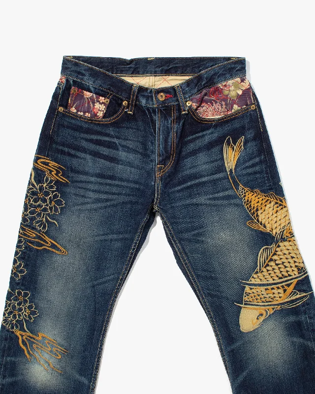 Gray Jeans for Neutral Tone -Denim jeans with chains-Japanese Repro Denim Jeans, Eternal, Koi Fish and Sakura Embroidery - 31