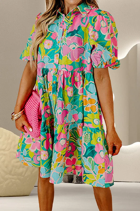 Plus size dresses featuring metallic hues shine soft -Dress for daily wear-Printed Collared Neck Puff Sleeve Mini Dress