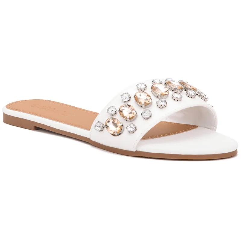 Casual sandals for men with adjustable straps and breathable material for comfort-Olivia Miller Womens Elsa Faux Leather Rhinestone Slide Sandals