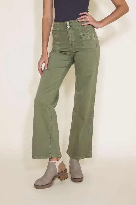 Zipper Fly Jeans for Convenience -Denim jeans with distressed look-Mica High Rise Wide Leg Jeans for Women in Olive | MDP-W506OL