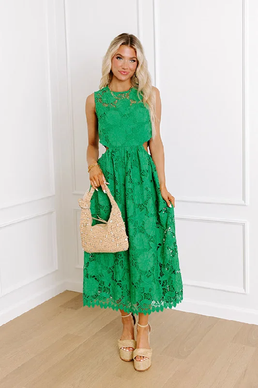 Plus size dresses featuring quilted textures add depth -Dress for royal events-Enchanting Elegance Lace Cut Out Midi in Green