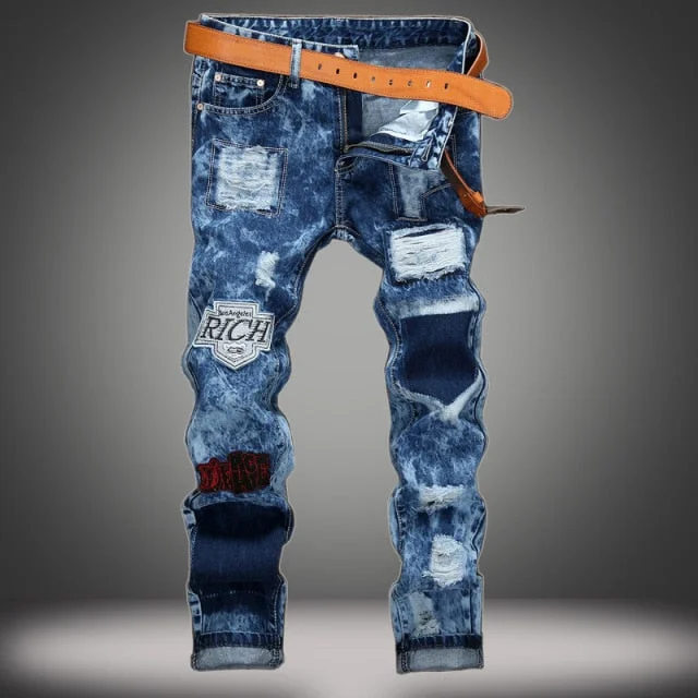 Mother's Day Jeans for Gift -Denim jeans for clubbing-Hip Hop Punk Style Denim Hole Straight Leg Patchwork Jeans for Men