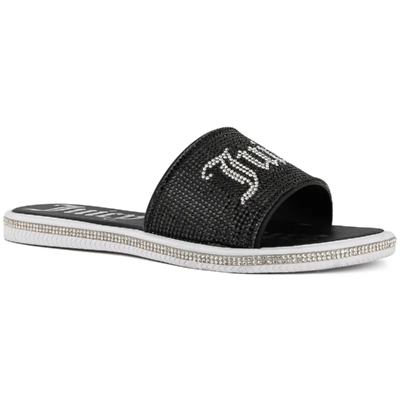 Comfortable sandals for men with slip-on style and supportive footbed for all-day wear-Juicy Couture Womens Faux Leather Rhinestones Slide Sandals