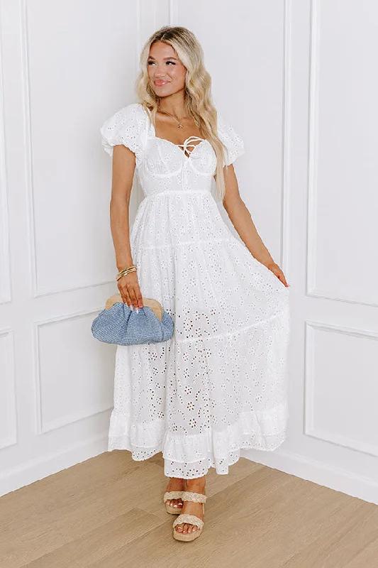 Plus size dresses with simple cuts stay timeless -Dress with V-neck-Oh So Sweet Eyelet Maxi Dress in White