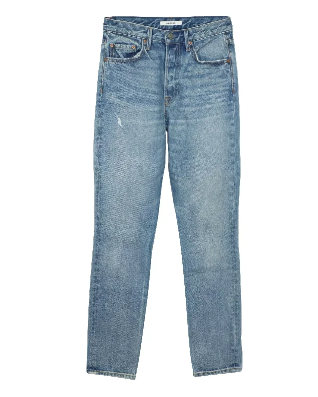 Weekend Jeans for Lazy -Denim jeans for blazers-High-Rise Straight Leg Jeans in Blue Cotton