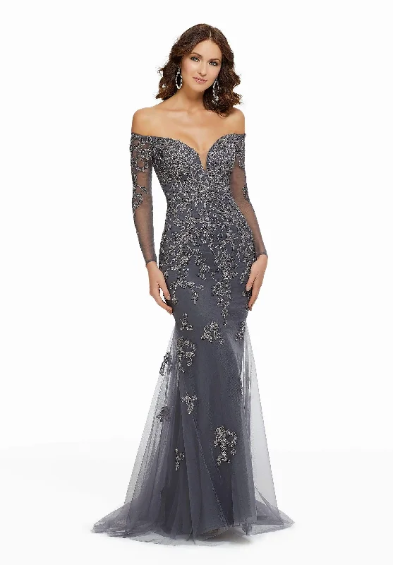 Plus size dresses with scalloped hems feel delicate -Dress for cocktail parties-MGNY By Mori Lee - 72015 Metallic Lace Off-Shoulder Trumpet Dress