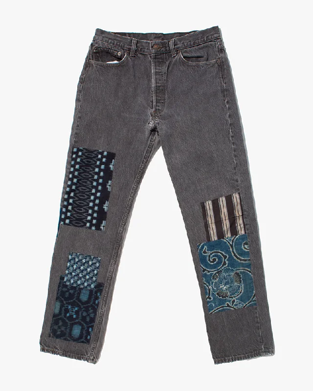 Hunting Jeans for Woods -Denim jeans for music festivals-Kiriko Custom Denim Jeans, Patched Vintage Boro, Levi's Brand, Gray Denim with Indigo Patches - 32