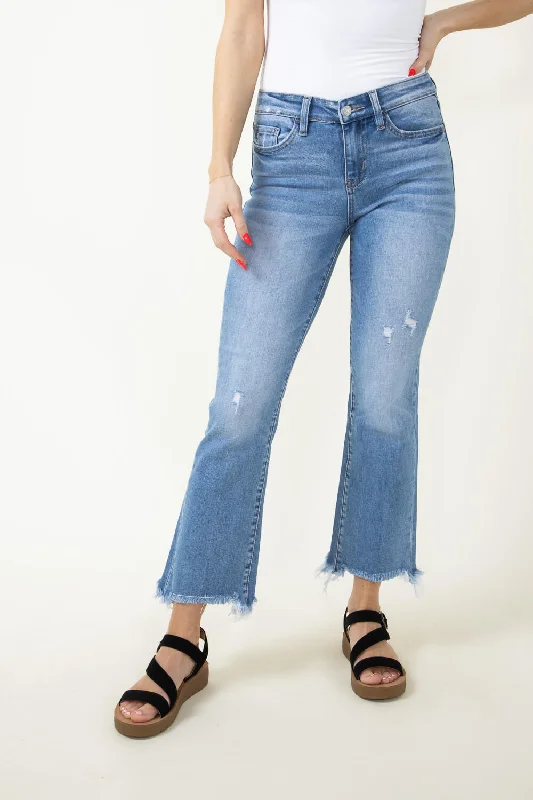 Raw Hem Jeans for Trendy -Denim jeans for hip-hop fashion-Flying Monkey Mid-Rise Hem Crop Bootcut Jeans for Women | F5011L